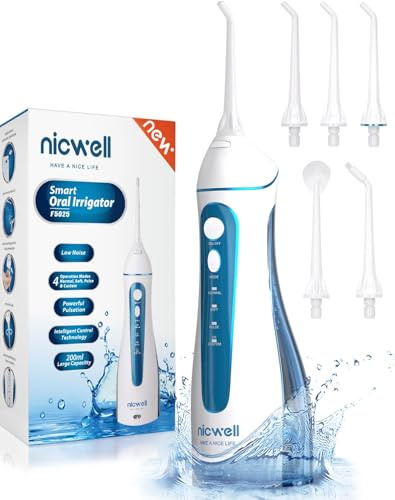 Nicwell Hydropulseur dentaire pour dents : 4 modes sans fil, portable, rechargeable, irrigateur buccal IPX7, nettoyage en profondeur, nettoyage en profondeur, machine pour la maison et les voyages
