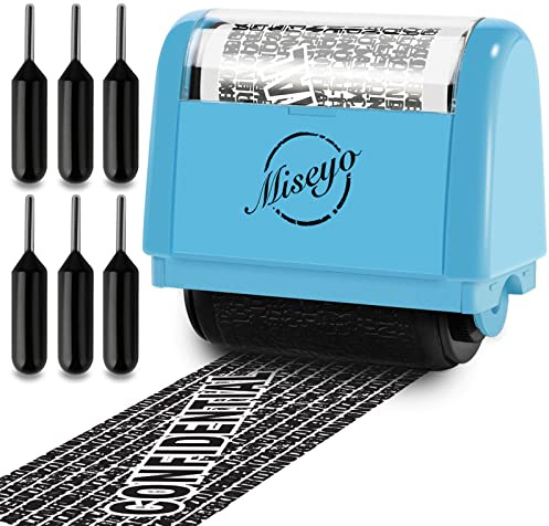 Miseyo Identity Theft Protection Roller Stamp Set - Blue (6 Refill Ink) | Personal Data Theft Prevention, Hiding Confidential Information,1.5inch Wide Address Blocker, Easy to Scroll, Refillable ink