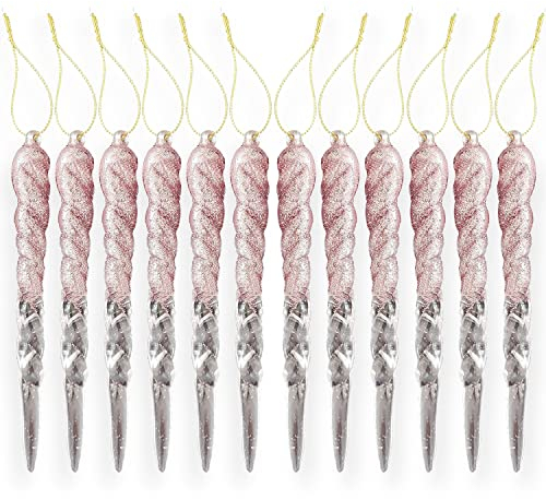AKH® 13CM / 5 Christmas Hanging Icicles | Icicles Ornaments Bubbles | Pack of 12 | Glitter Baubles (Rose Gold)