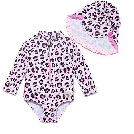 BONVERANO Traje de baño de una Pieza para niña, Mangas largas, protección UV 50+ con Gorra(Rosa-Rosa,24-36meses…