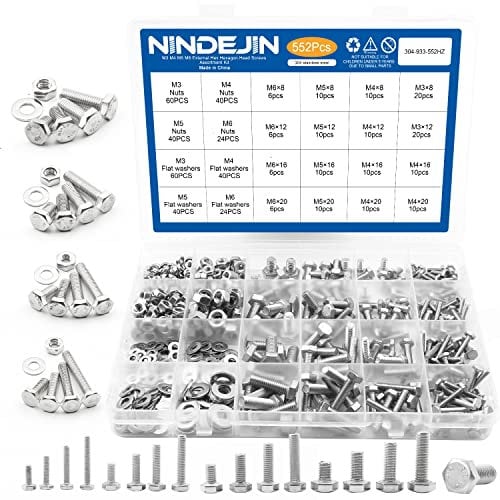 NINDEJIN 552PCS M3 M4 M5 M6 Hex Head Bolts and Nuts Set, 304 Stainless Steel External Hexagonal Screws Set and Washers, Heavy Duty Hex Head Cap Fastener Kit with Storage Box