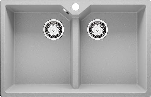 PRIMAGRAN Fregadero Cocina Gris 78x50cm, Granito 2 Senos + Sifón, Sobre encimera al mueble 80cm - Madrid Twin