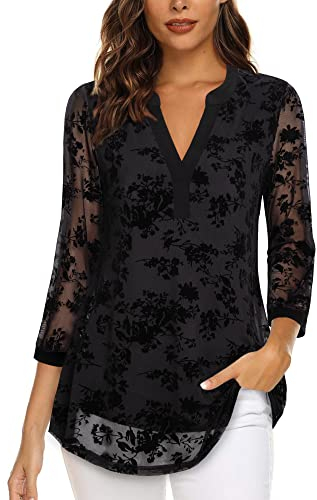 Vafoly Schwarze Blusen für Frauen Elegant Casual Arbeit Oberteile Damen V-Ausschnitt Dressy Tunika Tragen mit Leggings Floral Büro Kleidung Flowy Frühling Beflockte Schwarze Blumen XL