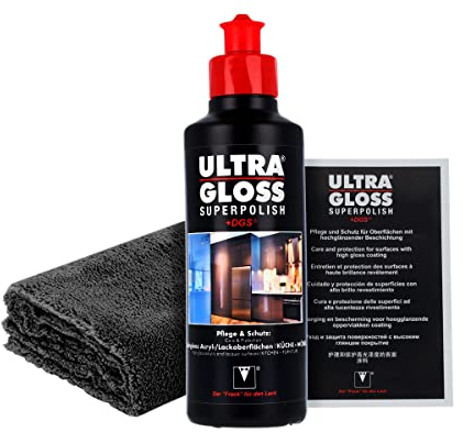 Möbel Politur Bundle - Ultra Gloss Superpolish Küche 0,25L + Booklet + detailmate Poliertuch 550GSM - Pflege & Schutz für Hochglanz Acryl & Lack Oberflächen für Küche & Möbel