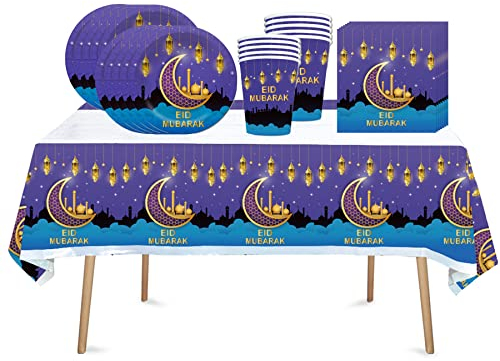 41Pcs Eid Ramadan Disposable Tableware Kit - Decorations, 7inch Paper Plates, Paper Napkins for Muslim Party, Eid Mubarak Table Cloth