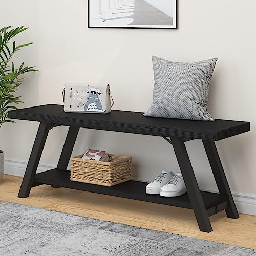 LVB Schwarze Bank Moderne Aufbewahrungsbank für Schlafzimmer Holz-Metall Bank für Flur Esszimmer Wohnzimmer Bauernhaus Schuhregal Innen Akzent-Sitzbank für Diele Eingang Schwarz 120cm