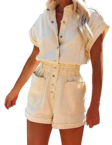 OUMSHBI Latzhosen für Damen Einfarbig Kurzarm Overall mit Taschen Revers Locker Casual Playsuit Romper Bequeme Arbeitshose Sommer Kurz Freizeit Einteiler mit Kniepolste Arbeitsoverall Jumpsuit Frauen