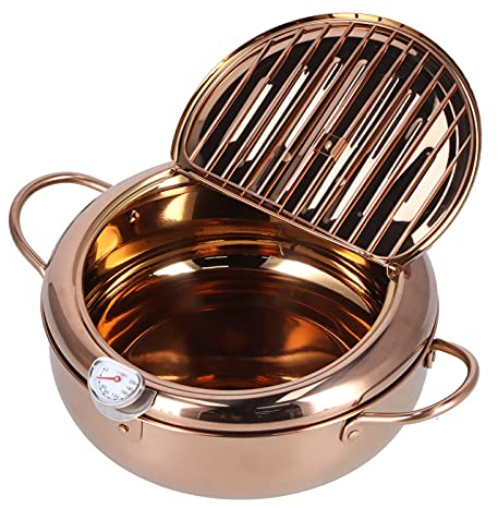 Freidora Profunda con Termómetro, Sartén Tempura de 3,4 L, Utensilios de Cocina Antiadherentes con Filtro de Aceite y Tapa para Cocina, Patatas Fritas, Pescado y Camarones(Oro rosa)