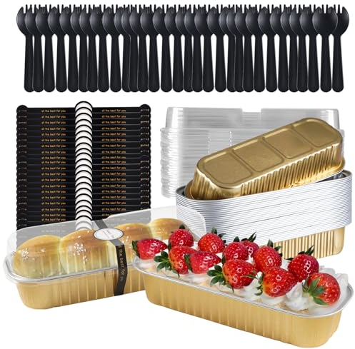 30pcs Mini Loaf Pans with Lids and Spoon 200ml Aluminum Foil Reusable Mini Loaf Tins Bread Containers Mini Cake Baking Pans Cupcake Cases, Mini Foil Baking Pans Muffin Cake Trays with Lid, Gold