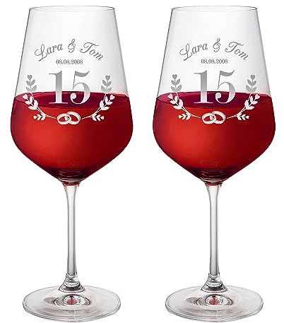 AMAVEL Set 2 Calici da Vino Bianco e Rosso con Incisione Personalizzata per le Nozze di Cristallo con Nomi e Data, Bicchieri in Vetro per Coppie, Idee Regalo di Anniversario, Bomboniere