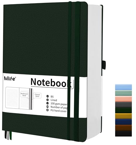 Mlife Notizbuch B5 Liniert,360 Seiten Und 100g/M² Tintenfestes Papier,PU Hard Cover Notebook,Hardcover Collegebloc,Tagebuch für Erwachsene,Notizbücher Mit Falttasche für Bullet Journal&Journals(Grün)