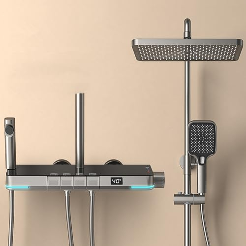 Colonne de Douche Thermostatique Affichage Numérique Ensemble Douche 4 Fonction Kit de Douche Système de Douche avec 30 x 20 cm Douche de Tête, Pommeau Douche, Mitigeur Douche, Douchette (Gris)