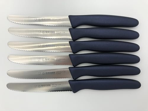 Giesser Messer - Made in Germany - 6er Set Brötchenmesser Tomatenmesser Küchenmesser Allzweckmesser Universalmesser Gemüsemesser 3mm Wellenschliff Klingenlänge 11cm Blau - midnight blue