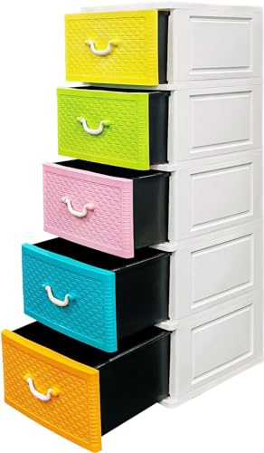 ABBAware Kommode 44x50x127 cm mit 5 großen XXL Schubladen, 40 Liter pro Schublade, die Fronten in schönen Candyfarben und moderner Weave-Optik der Umwelt zuliebe aus recyclebarem PP Kunststoff