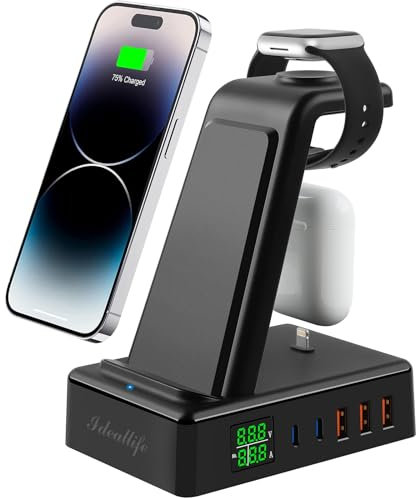 ideallife Stazione di ricarica wireless 8 in 1 con 6 porte USB, caricabatterie wireless da 120 W con 2 PD e 3 QC3.0 per più dispositivi, dock magnetico Qi compatibile con iPhone iWatch AirPods
