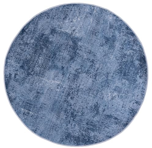Mazovia Teppich Rund - Abstraktes Vintage - Modern Designer Teppich - Waschbar rutschfest Kurzflor - Weich Teppich für Wohnzimmer - Fußbodenheizung geeignet - Blau 120 x 120 cm