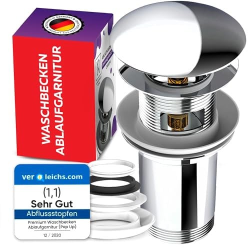 Desagüe de lavabo con rebosadero para lavabo – Válvula desplegable – Fregadero cromado con 4 juntas de repuesto de latón M. ROSENFELD HOME