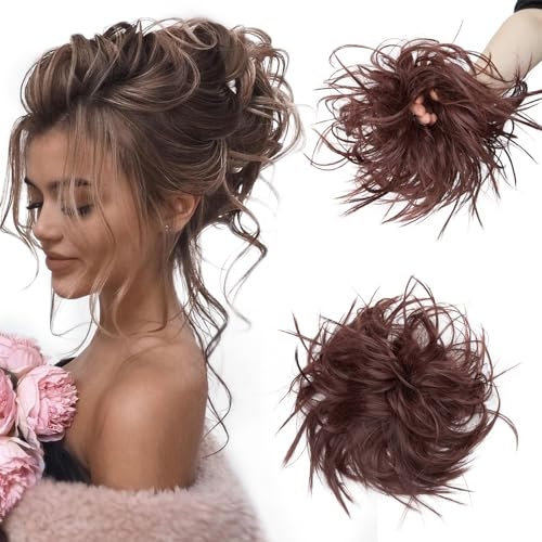 TESS Haargummi mit Haaren VOLUMINÖS Messy Bun Haarteil Dutt 45g Haarteil mit Gummiband für Frauen Mädchen (Dunkles Auburn)
