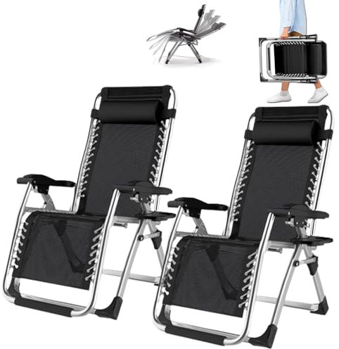 PMFRUG Tumbonas Plegable- Silla Reclinable Ajustable,Pack de 2 para Jardín, Piscina y Playa,Camping, Salón, Terraza, Exterior, Oficina, Interior Soporta hasta 200 kg (Negro)