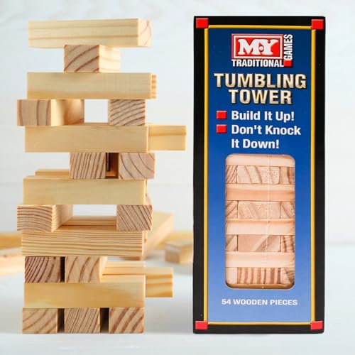 Marco Paul Traditional Tumbling Tower Game 54 Wooden Blocks - Classic Stacking Game for Kids & Adults - Fun Family Party Game - Wooden Balance Game in Box - Travel Size, Ages 3+