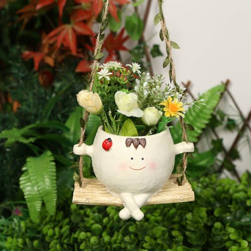 RuiDay Smiley Pots De Fleurs À Suspendre,Pot de Fleur Suspendu avec Visage Sourire Et Balançoire,Résine Pot Plante Interieur,Décoration Murale pour Intérieur, Balcon et Jardin (Insecte)
