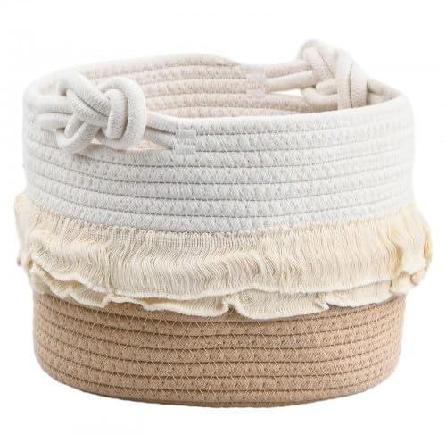 Panier en Corde de Coton Tissé avec Poignée - Rangement pour Bébé, Corbeille à Linge, Pépinière - Salon, Chambre Enfant (24 x 17.5 cm)
