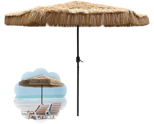 PQPQLI Sombrilla De Jardín Ø250cm Parasol De Terraza, Anti-Uv Sombrilla Playa De Paja, Sombrilla Terraza Exterior Con 8 Varillas Y Manivela, Para Jardín, Terreza, Balcón, Natural