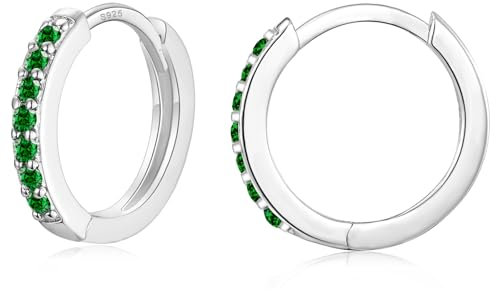 USEEDOVIA Silver Hoop Earrings for Women,Small Huggie Hoops Earrings 10.5mm,Hypoallergenic S925 Sterling Silver Earrings,Green Cubic Zirconia Earrings Birthday Gifts for Her