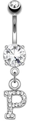 beyoutifulthings Bauch-nabelpiercing Buchstaben-Anhänger P Silber Clear Nabel-Piercing Chirurgenstahl Bananabell Stab-länge 10-mm