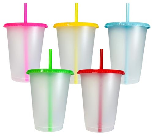 Reusable Cup 5 Pack 475 ML Frosted Style Thick Plastic Cold Beverages Cup Tumbler with Straw Lid Travel Mug Office Cup Birtday Party (475ml)