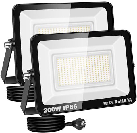 RIGIDON Projecteur Led Extérieur Avec Prise, 2x 200W 20000LM IP66 étanche Éclairage de Sécurité, Spot Led Lampe pour Patio Garage Terrasse Jardin Chantier Muraux Atelier, 3000K Blanc Chaud Luminaires