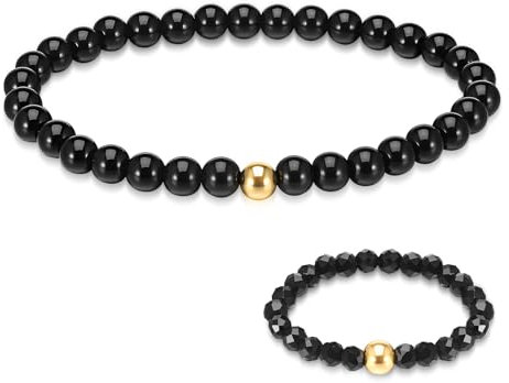 Livdouyu 6mm Stretch Schwarzer Naturstein Edelstein Armband mit 4mm Naturstein Ring Set, Perlenarmband Geschenk für Damen und Herren