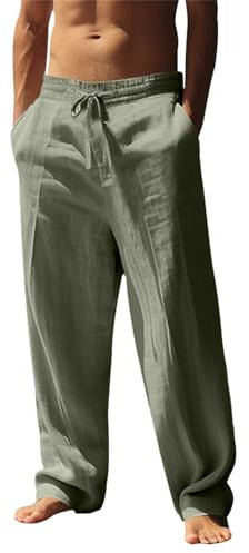Leinenhose Für Herren Leicht Hosen Lang Sommerhose Loose Fit Freizeithose Leinen Baumwolle Hose Einfarbiges Stoffhose Casual Urlaub Strandhosen Elastischer Bund Sporthose Männer(#D Army Green,3XL)