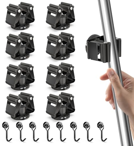 3-H 8 soportes magnéticos para escobas, de acero inoxidable, para escobas, herramientas de jardín y escobas, con 8 ganchos magnéticos para cocina, baño, garaje, jardín, hogar, color negro