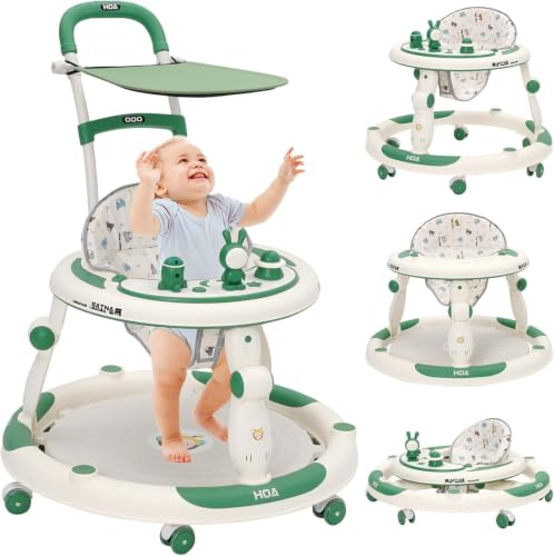 3in1 Lauflernhilfe Babywalker Baby jumper Lauflernwagen mit Sonnenblende,360°-Lautlosrädern,Spielcenter, Esstisch und Armlehnen,Geeignet für Babys ab 6 Monaten,Höhenverstellbar, Zusammenklappbar,Grün