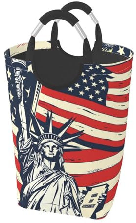 Laundry Baskets 4th of July American Flag Collapsible Foldable Laundry Hampers Statue Liberty Household Washing Baskets with Handles for Home Bathroom Bedroom Laundry Room 50L