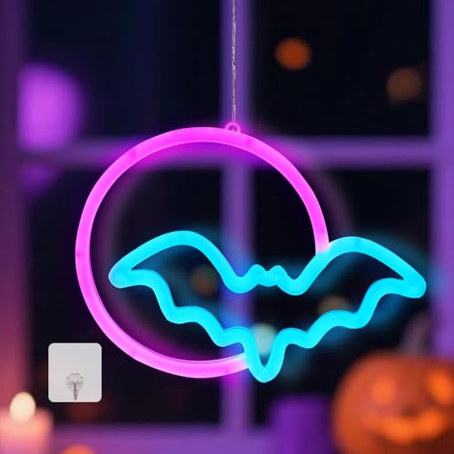 Hängende LED Fledermaus Neon Schild Lichter 26x19Cm, Halloween Deko Fenster Innen Outdoor, Halloween Neonlicht mit Haken, Batteriebetrieben/USB, Tischdeko Lampe, Wand Party Zimmer Dekor (D)