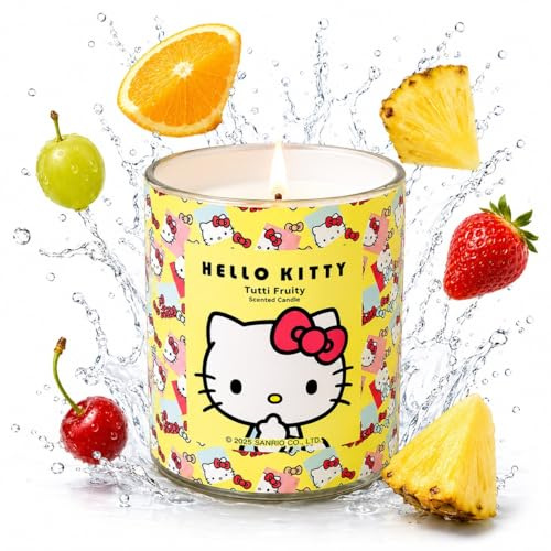 Hello Kitty Tutti Fruity Scented Candle – 1-Wick 213g Candle with Repeat Hello Kitty Print, Sweet Fruity Fragrance, Decorative Glass Jar for Gifting or Home Décor