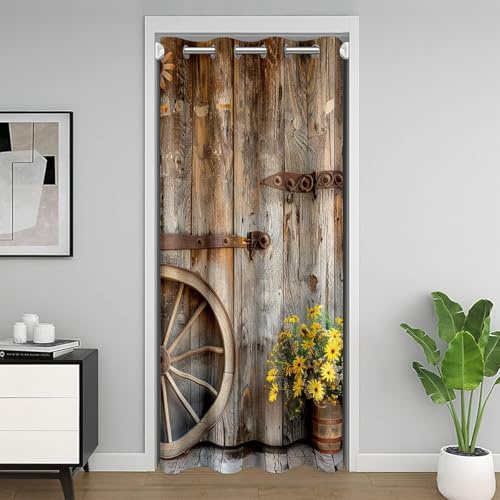 Homewish Rustikale Bauernhaus Tür Türvorhang Holzrad Tür Vorhänge 150x203cm Vintage Holz Brett Sichtschutzvorhang für Kinder Mädchen Jungen Teenager,Daisy Blumen Verdunkelungs Vorhang