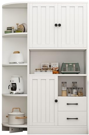KecDuey Moderner Eckschrank, Weiß, Holz, 104x35x155cm, Wohnzimmer Vitrine mit 3 Türen, 2 Schubladen, 14 Fächer, Bücherregal Highboard