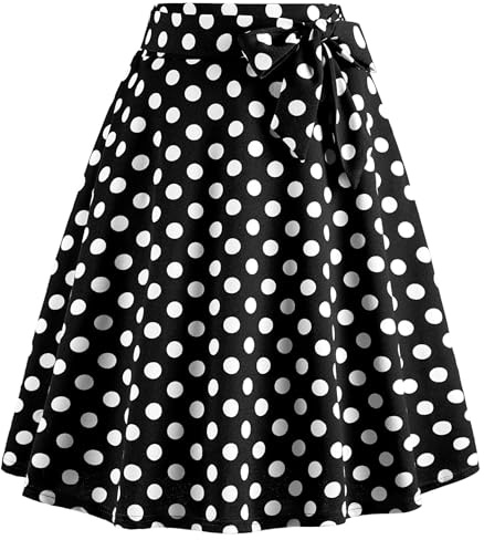 TRIWORKS Plus Size 1950s Pleated Vintage Black Maxi Skirt Without Skort Flared Elegant Polka Dot Skirt High Waist A-Line Skirts for Women UK 3XL