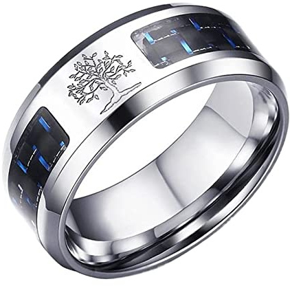 Wikinger-Ehering mit Lebensbaum-Motiv, Ring, nordischer Weltenbaum, Edelstahl, Kohlefaser, Herren, hochglanzpoliert, komfortable Passform, heidnisches Amulett, Silber, 7