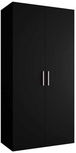 MEBLE KRYSPOL - Kleiderschrank - Garderobenschrank - 100 cm x 202 x 52 cm - Schrank mit Kleiderstange, 2 Türen - für Schlafzimmer, Flur - BARI, Schwarz, Griff Silber