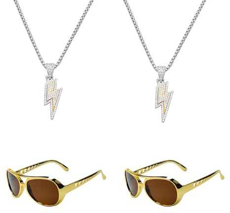 4-Teiliges Set: 2x Pilotenbrille & 2x Goldkette für 70er 80er 90er Jahre Outfit Herren & Damen | Cooles Gangster Gang Rapper Zubehör | Disco Schlager Party Kostüm Accessoires für Karneval & Fasching