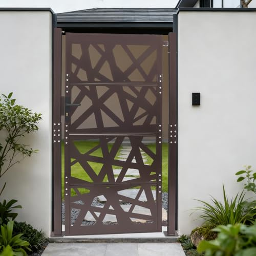 Puerta de jardín 200 x 105 cm, puerta moderna de jardín de acero, color marrón, resistente al óxido, con ángulo de apertura de 180°, con mecanismo de cierre y 7 llaves para valla de alambre de púas