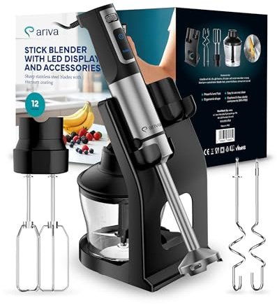 Premium 6-in-1 Stabmixer Set 1200W mit LED-Display & Timer - Multifunktions-Pürierstab Edelstahl mit Titan-Klinge - Inkl. 800ml Zerkleinerer, Doppel-Schneebesen, Knethaken & Ständer - BPA-Frei