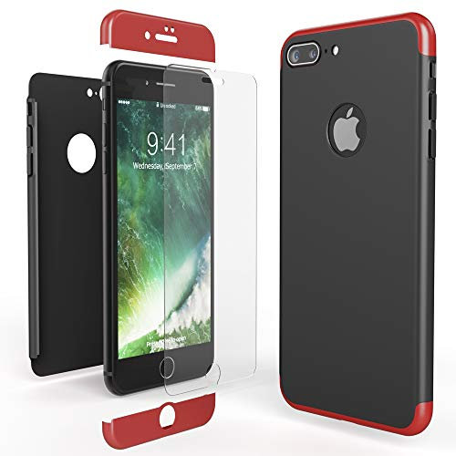 NALIA Coque Integrale Compatible avec iPhone 7 Plus, Fine Housse Avant & Arrière Protection avec Verre Trempe, Rigide Mince 360-Degrées Cover Etui Slim Premium Hard-Case Bumper, Couleur:Rouge Noir