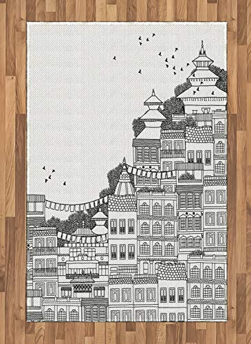 ABAKUHAUS Nepal Teppich, Doodle Stil Kathmandu, Deko-Teppich Digitaldruck, Färben mit langfristigen Halt, 120 x 180 cm, Weiß und Schwarz