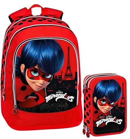 Miraculous Lady Bug Schulrucksack mit 3 Reißverschlüssen + Federmäppchen mit 3 Reißverschlüssen komplett mit Schreibwaren – Schule 2019-20, rot