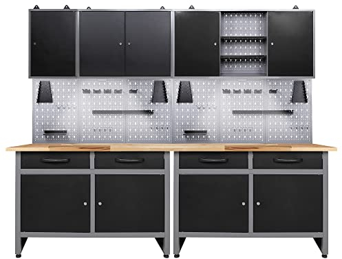 Ondis24 Werkstatteinrichtung 240 cm Werkstattset 7-teilig, Metall Werkbank & Werkzeugschrank Hängeschrank, Werkzeugwand Lochwand mit Hakenset, 2 x LED Lampe
